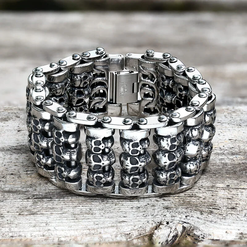 Wide Skull Stainless Steel Biker Bracelet