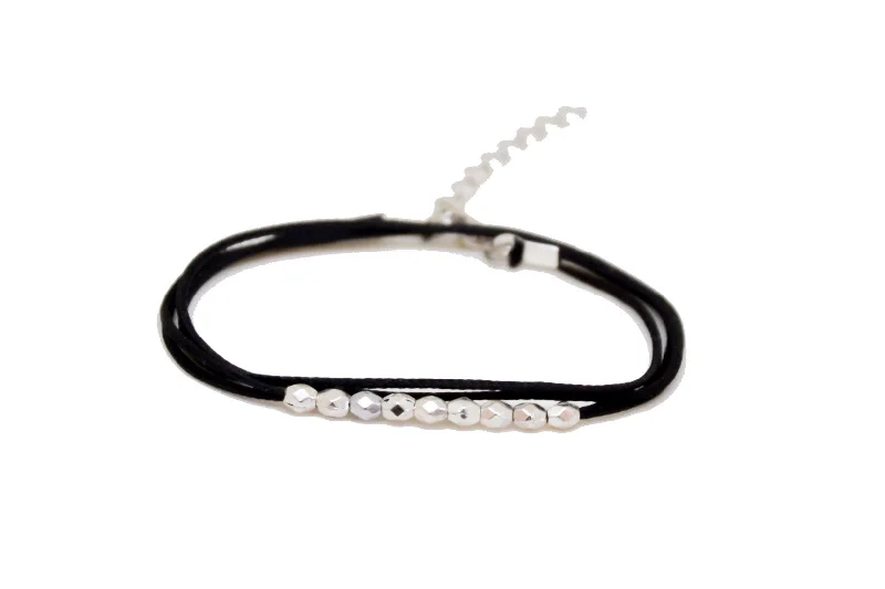 Wrapped silver beads bracelet, black cord, dainty gift for her