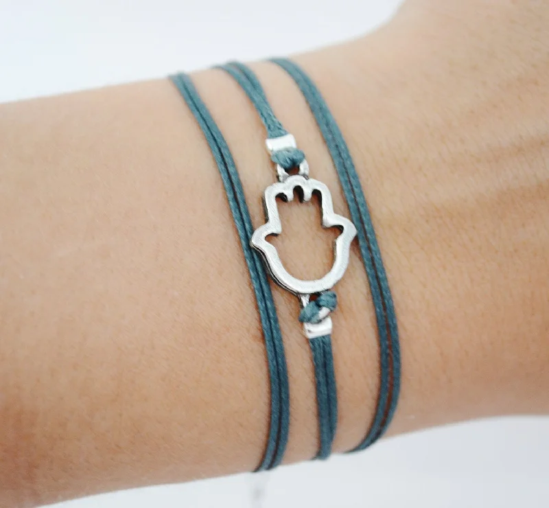 Wrapped silver Hamsa bracelet, blue cord, gift for her