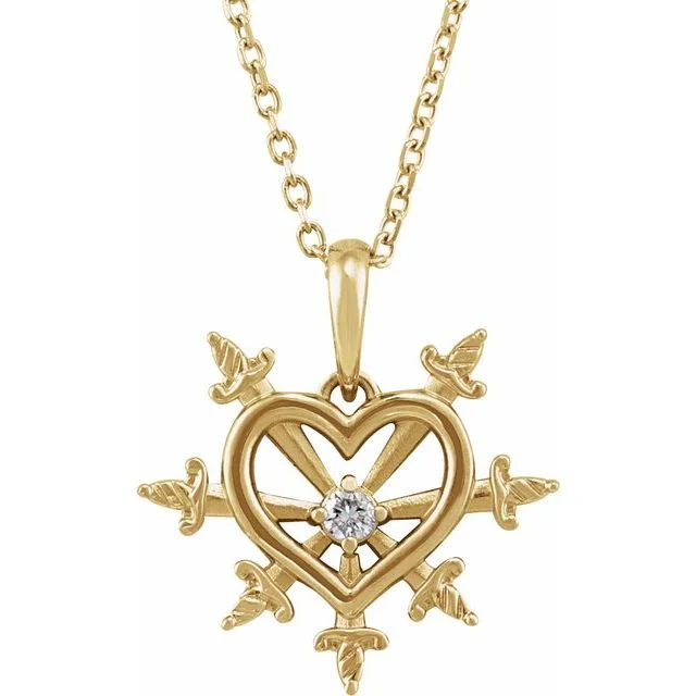 14K Gold .03 CT Natural Diamond Heart & Daggers 16-18" Necklace