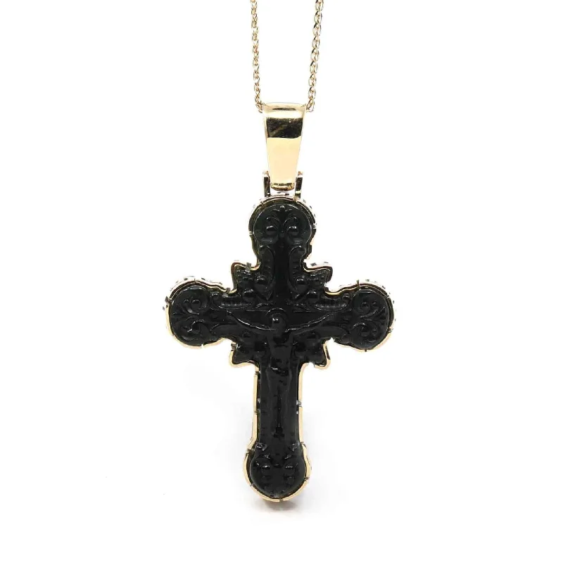 14K Yellow Gold & Black Nephrite Jade Crucifix Pendant