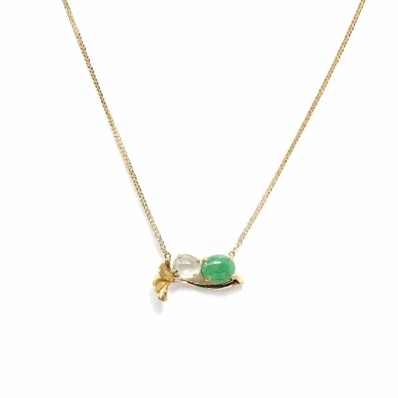 18k Yellow Gold Jadeite Jade Ginkgo Leaf Pendant Necklace with Diamond