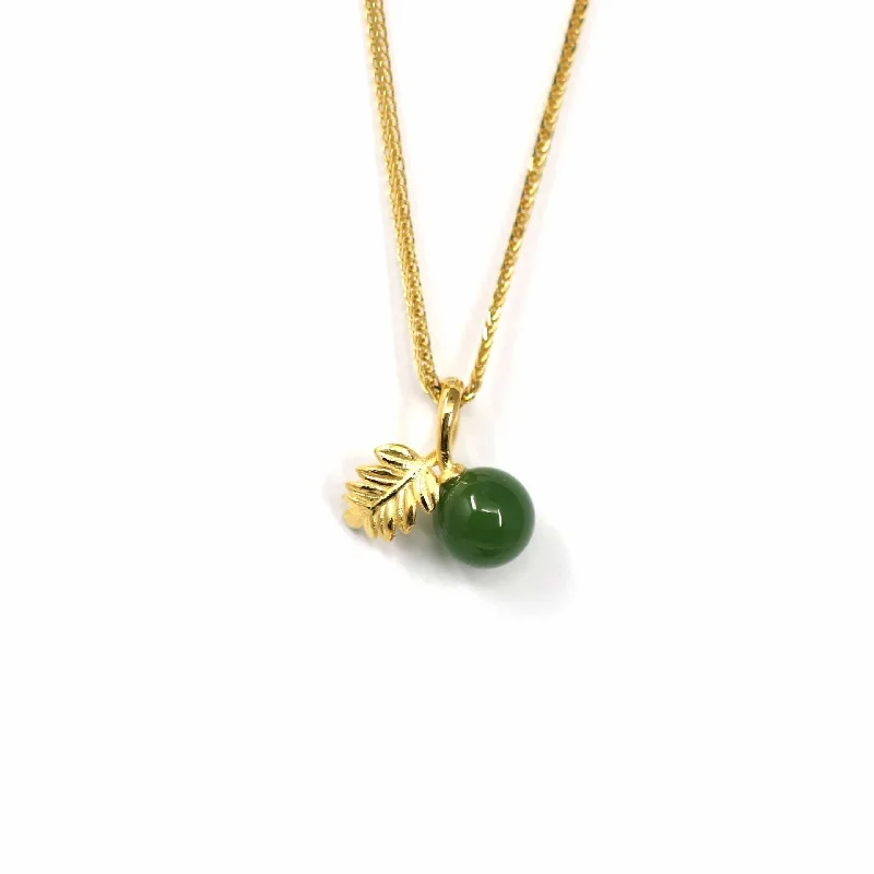 24k Yellow Gold Genuine Green Jade Bead With Leaf Pendant Necklace