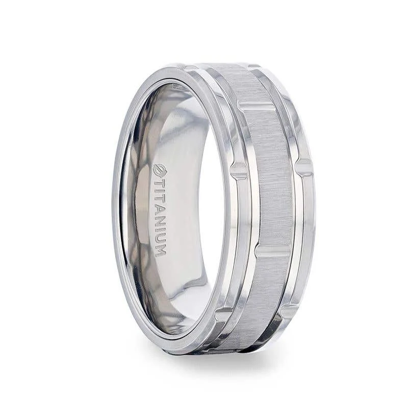 Thorsten WARRICK Alternating Grooves And Horizontal Etched Finish Titanium Men's Wedding Band with Alternating Grooved Beveled Polished Edges - 8mm