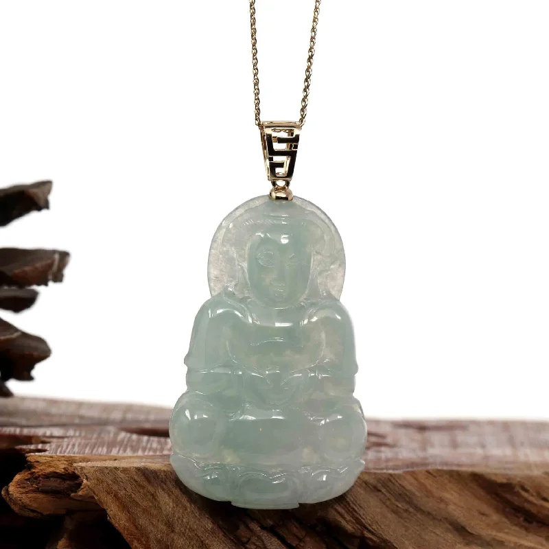 Baikalla 14k "Goddess of Compassion" Genuine Burmese Jadeite Jade Guanyin Pendant With VS1 Diamond Bail