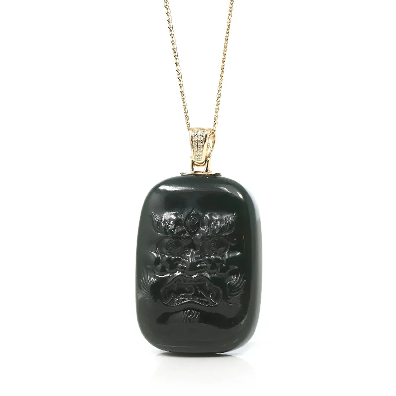 Baikalla™ 14K Yellow Gold Genuine Nephrite Black Jade "Demon Hunter" Pendant Necklace