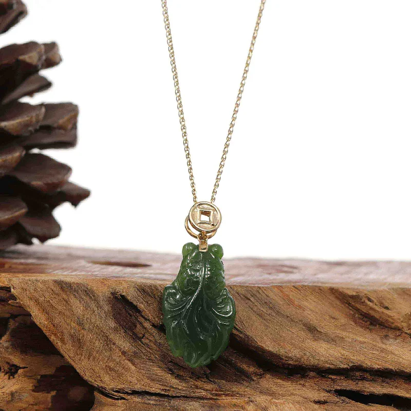 Baikalla™ : " Gold Fish " 14k Yellow Gold Genuine Nephrite Green Jade Pendant Necklace