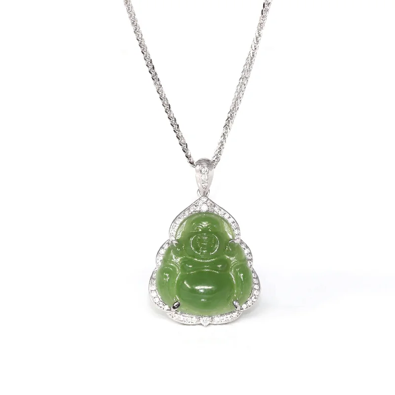 Baikalla™ "Laughing Buddha" 14k White Gold Genuine Nephrite Green Jade with Moissanite