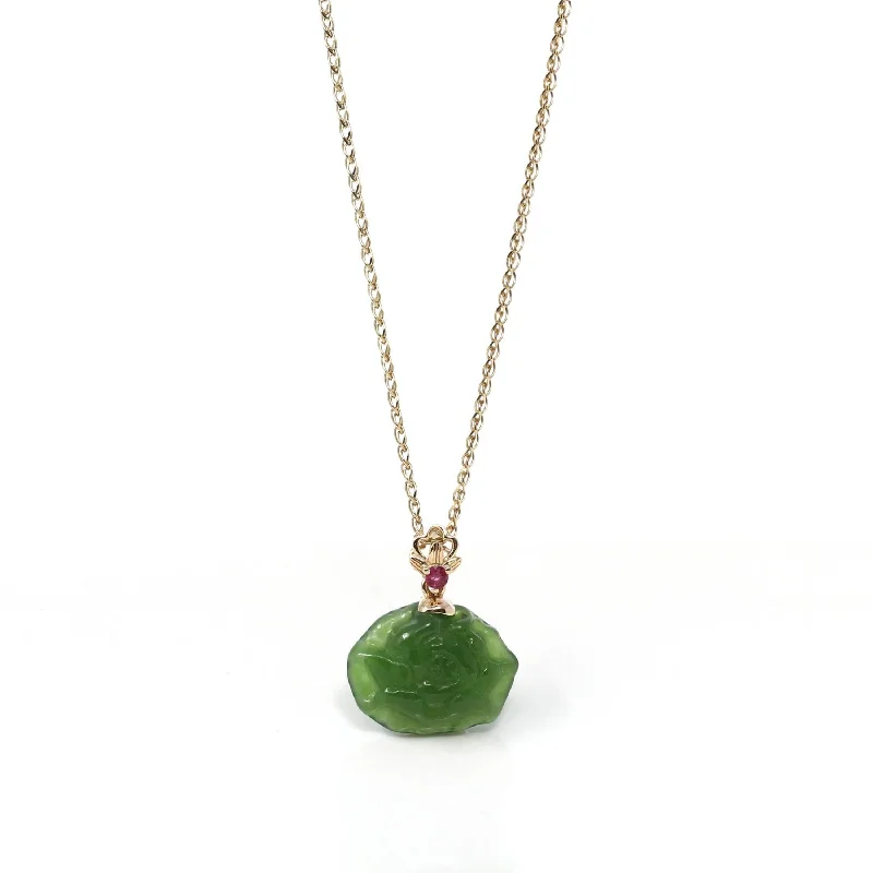 Baikalla™ " Peony Flower " 14k Yellow Gold Genuine Nephrite Green Jade Pendant Necklace