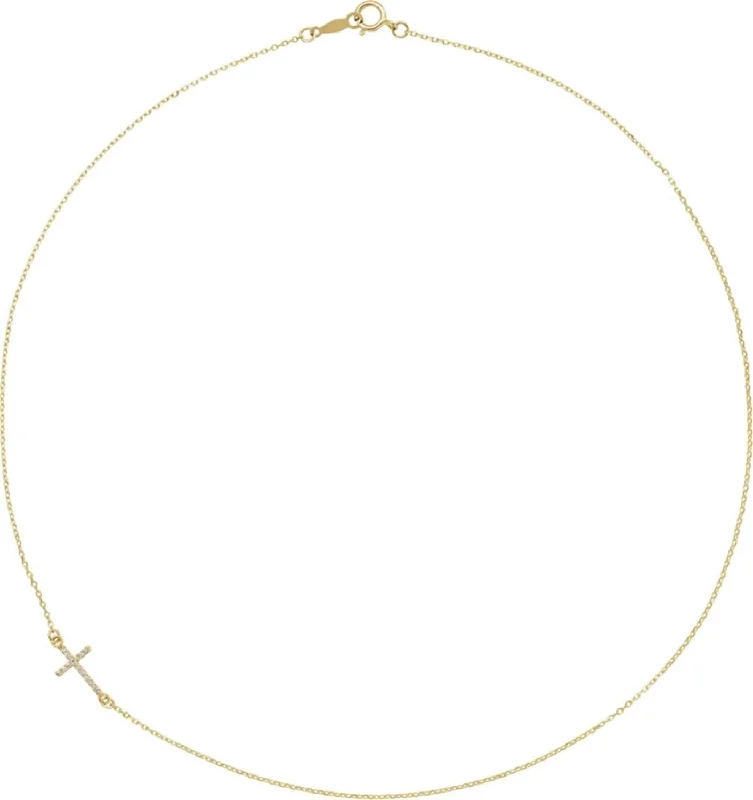 Diamond Off-Center Sideways Cross 14k Yellow Gold Necklace, 16" (.05 Ctw, G-H Color, I1 Clarity)