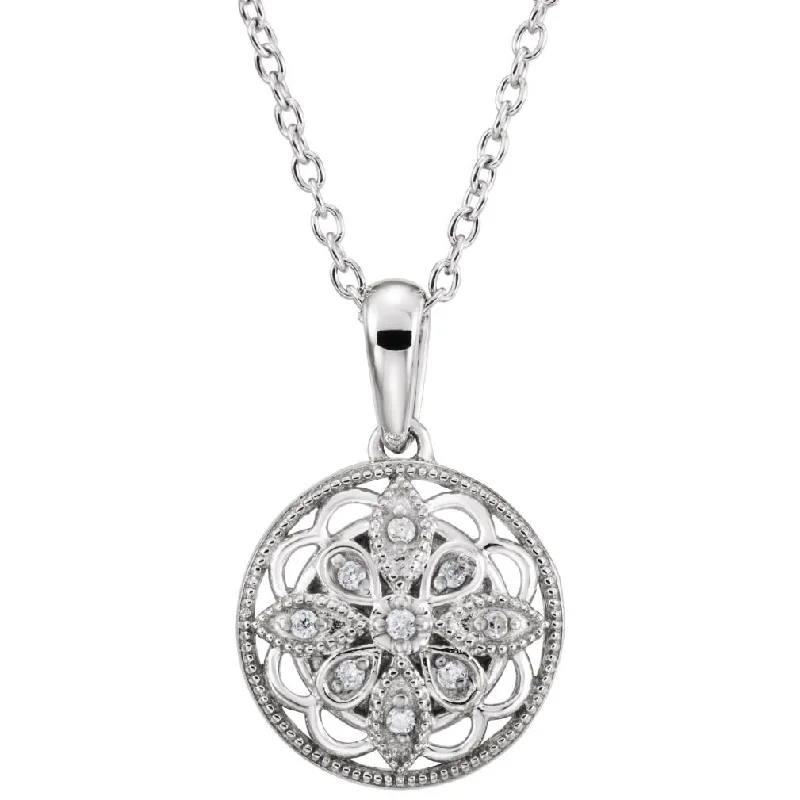 Diamond Round Vintage Style Sterling Silver Pendant Necklace, 18" (.05 Cttw)