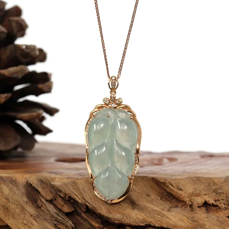 Genuine Ice Jadeite Jade Jin Zhi Yu Ye (Leaf) Necklace With Rose Gold VSI Diamond Bail