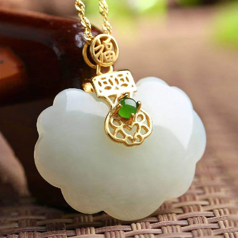 Genuine White Jade RuYi Pendant Necklace  with 14K Yellow Solid Gold Bail