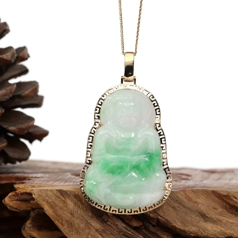 "Goddess of Compassion" 14k Yellow Gold Genuine Burmese Jadeite Jade Guanyin Necklace