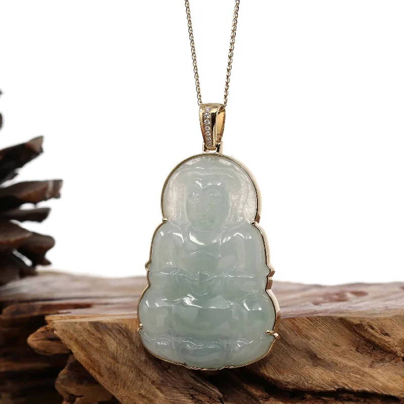 "Goddess of Compassion" 14k Yellow Gold Genuine Burmese Jadeite Jade Guanyin Necklace