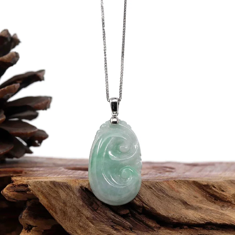 Natural Light Green Jadeite Jade Ru Yi Pendant Necklace With Sterling Silver Bail