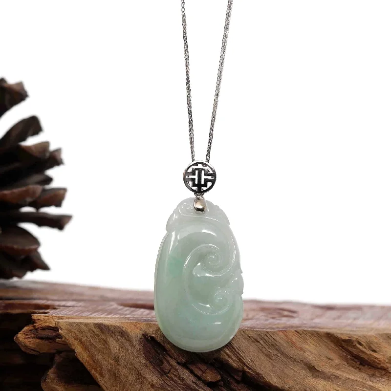 Natural Light Green Jadeite Jade Ru Yi Pendant Necklace With Sterling Silver Bail