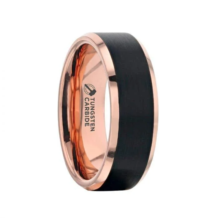 Thorsten HAYDEN Rose Gold Plated Tungsten Polished Beveled Ring with Brushed Black Center - 6mm & 8mm