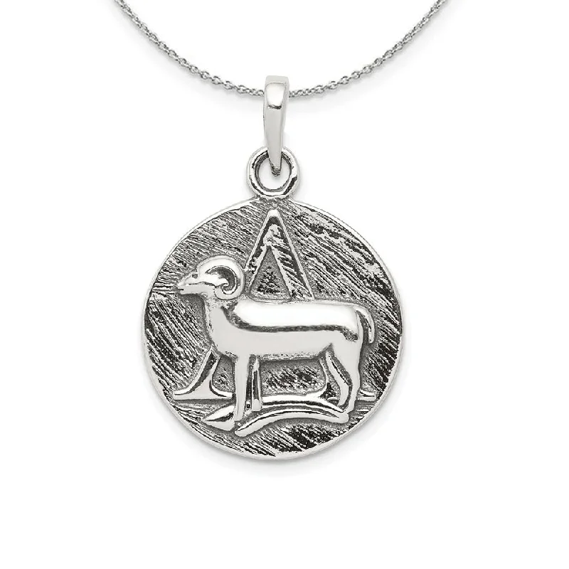 Sterling Silver Aries the Ram Zodiac Embossed Circle Antiqued Necklace