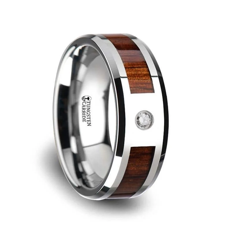 Thorsten KAHUNA Tungsten Carbide Beveled Edged Diamond Wedding Band with Koa Wood Inlay & Polished Edges - 8mm