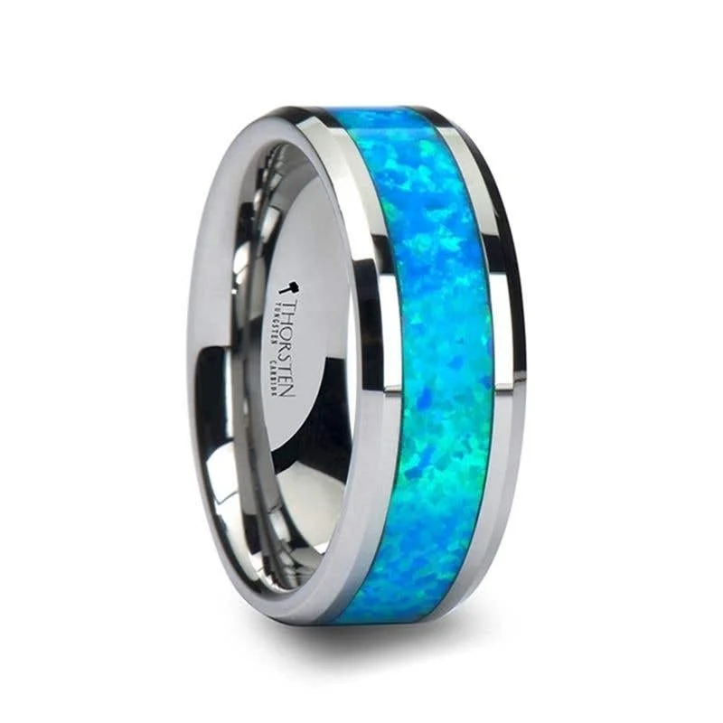 Thorsten QUASAR Tungsten Wedding Band with Blue Green Opal Inlay - 4mm - 10mm