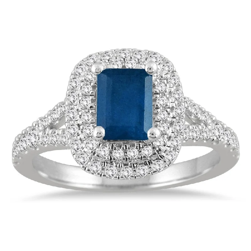 1 1/2 Carat Halo Diamond Engagement Sapphire ring in 14K White Gold