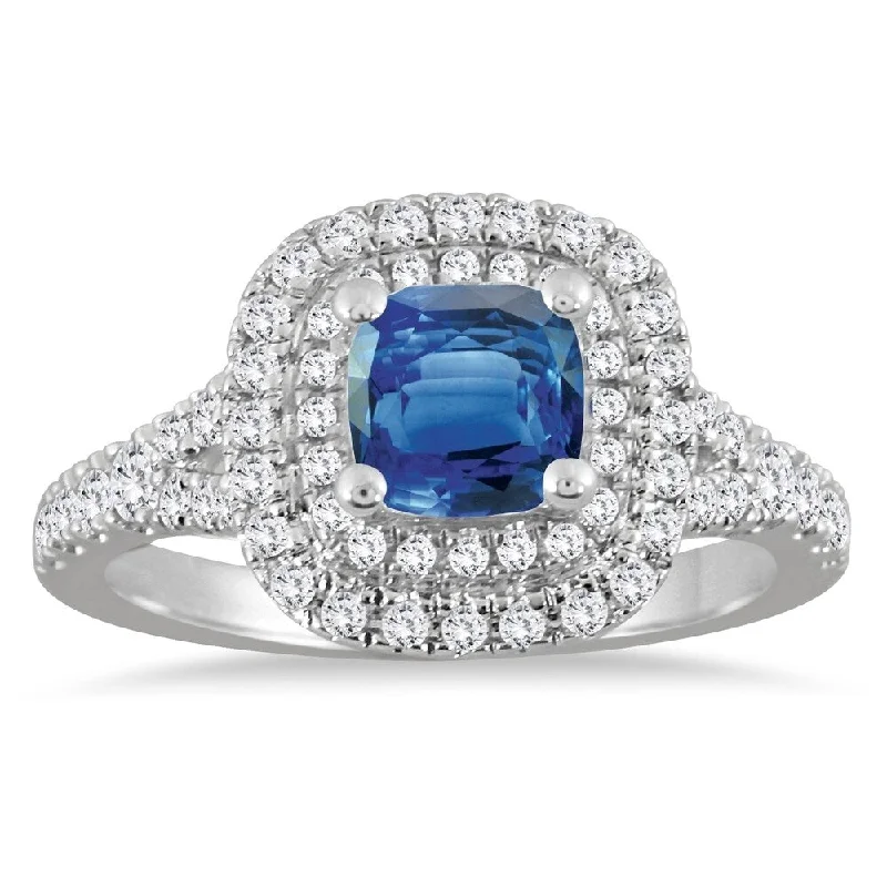 1 1/2 Carat Sapphire and Diamond Halo Engagement Ring in 14K White Gold