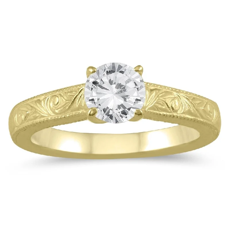 1/2 Carat Diamond Solitaire Engraved Engagement Ring in 10K Yellow Gold