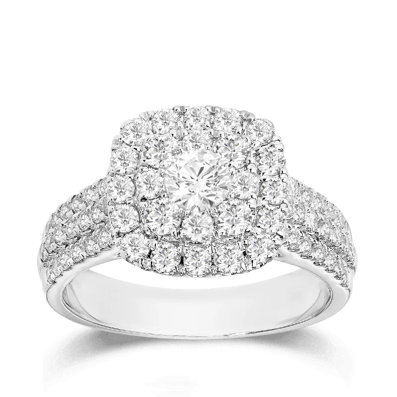 Round Brilliant Cut Diamond Double Halo Ring in 9ct White Gold