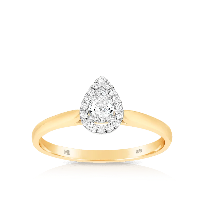 0.33ct TW Pear Cut Diamond Halo Engagement Ring in 9ct Yellow Gold