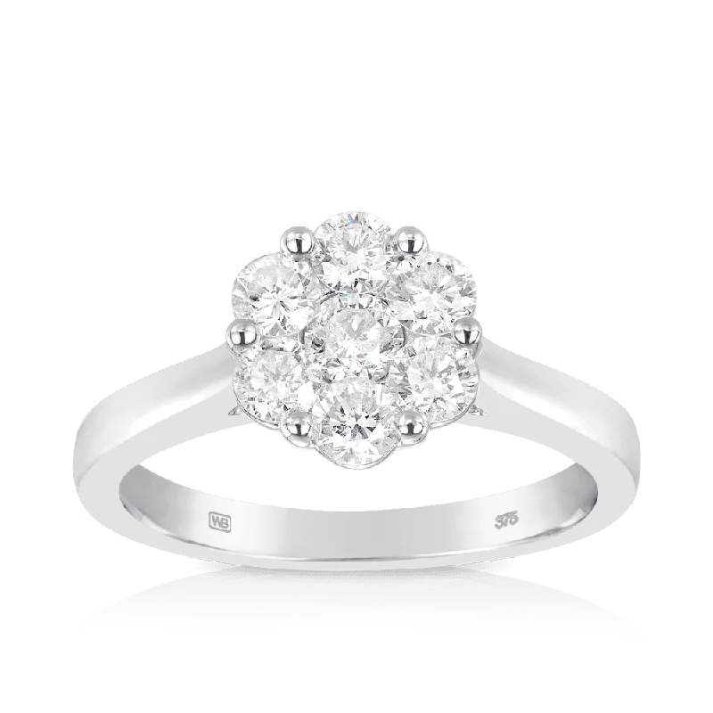 Round Brilliant Cut Diamond Cluster Engagement Ring in 9ct White Gold TDW 1.00ct