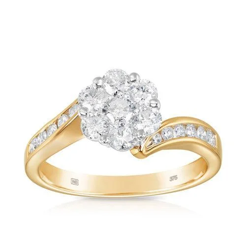 1.00ct TW Round Brilliant Cut Diamond Cluster Ring in 9ct Yellow Gold