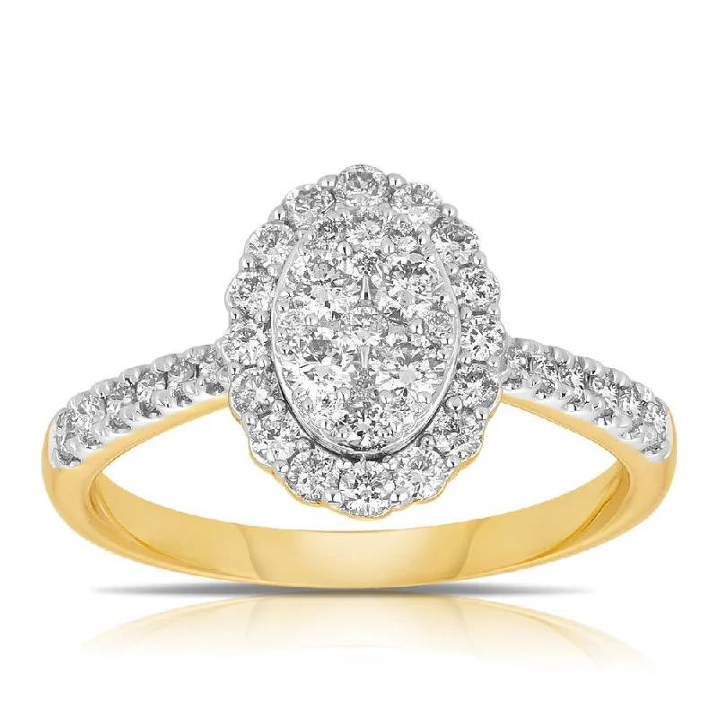 0.75ct TW Diamond Cluster Oval Halo Engagement Ring in 9ct Yellow Gold