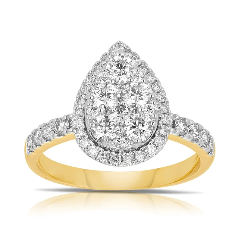 1.20ct TW Pear Shape Cluster Diamond Engagement Ring in 9ct Yellow and White Gold