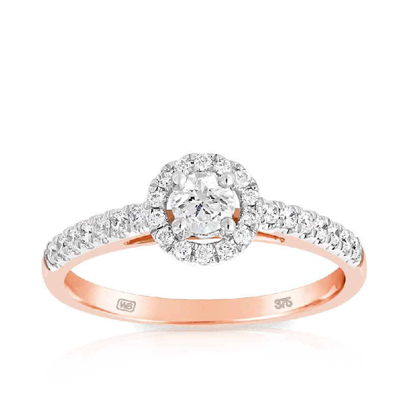 Round Brilliant Cut Diamond Halo Engagement Ring set in 9ct Rose Gold