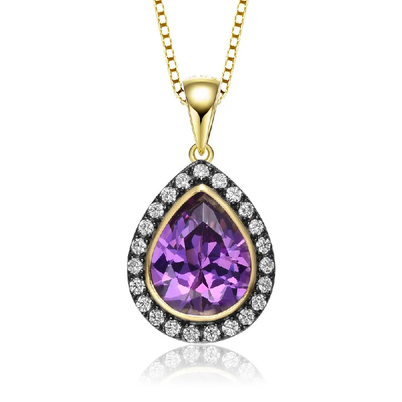 14k Gold Plated Teardrop Shaped Purple Cubic Zirconia Pendant Necklace