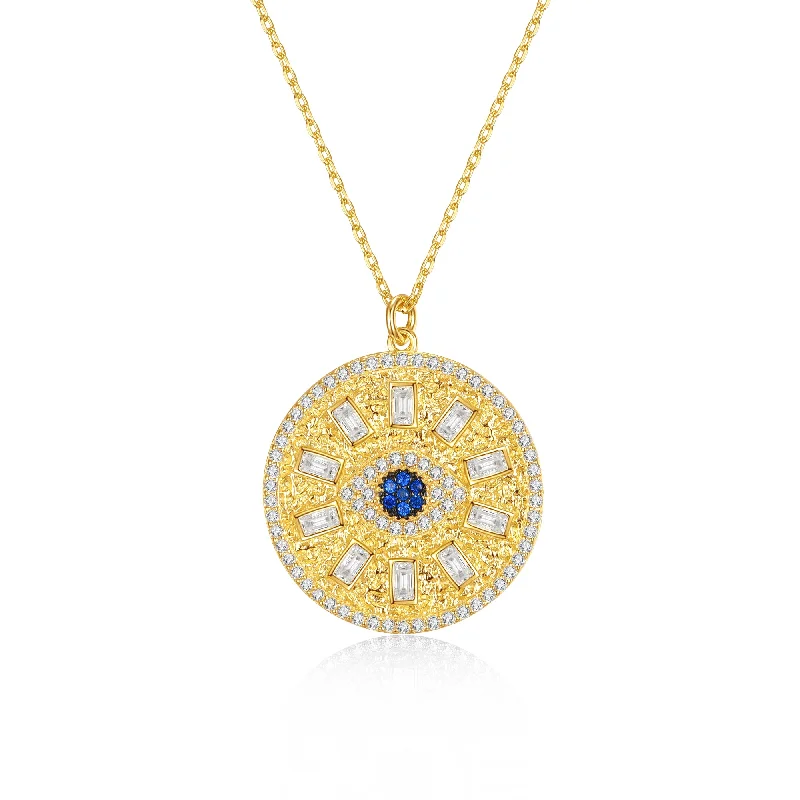 14k Gold Plated with Blue Sapphire & Cubic Zirconia Mandala Medallion Pendant Necklace