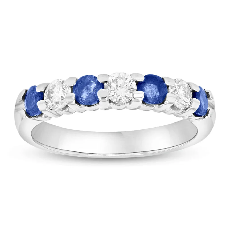 14K Gold Ring 1.00ct tw Round Diamonds and Sapphires Prong Set Band