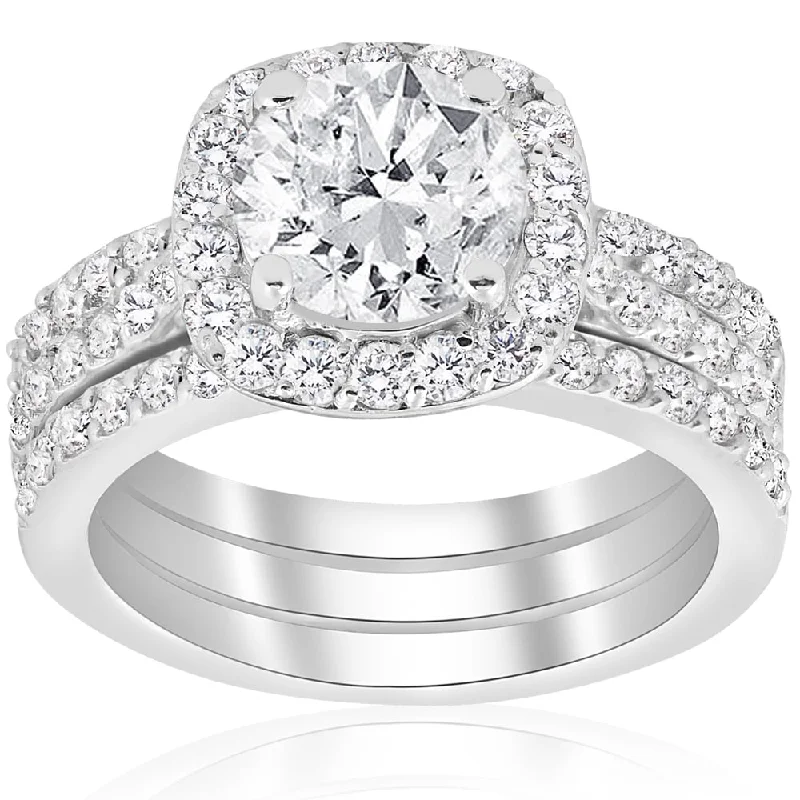 14k White Gold 2 3/4 ct TDW Cushion Halo Diamond Engagement Clarity Enhanced Trio Wedding Ring Set - White H-I - White H-I