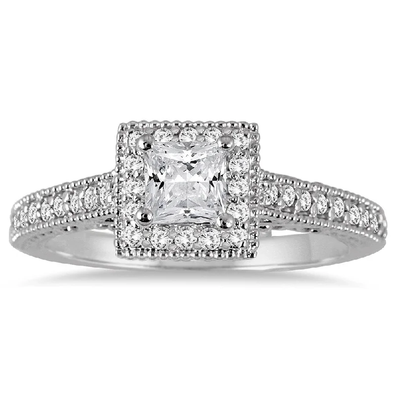 3/4 Carat TW Princess Antique Deco Diamond Halo Engagement Ring in 14K White Gold