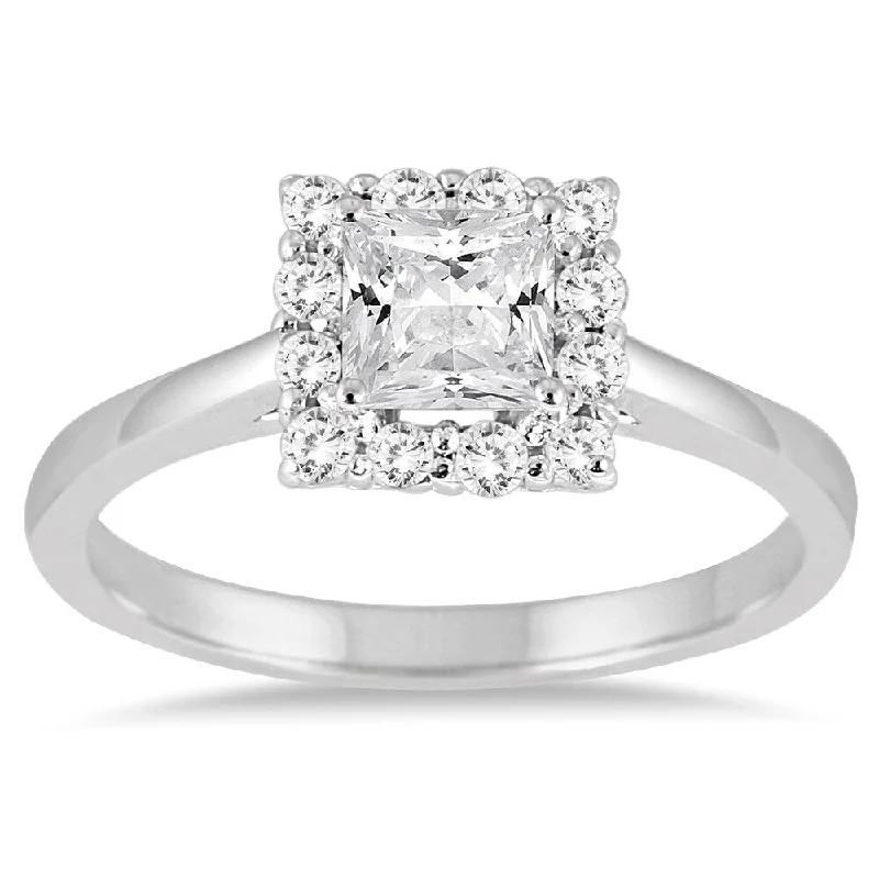 3/4 Carat TW Princess Cut Diamond Halo Engagement Ring in 14K White Gold