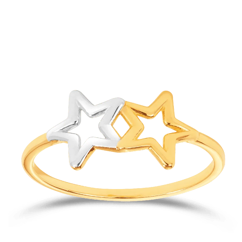 Rhodium Dipped Double Star Ring in 9ct Yellow Gold