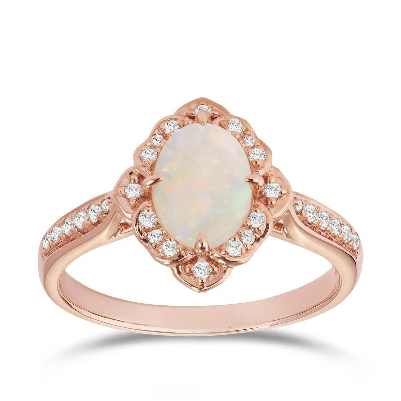 Solid White Opal & Diamond Ring in 9ct Rose Gold