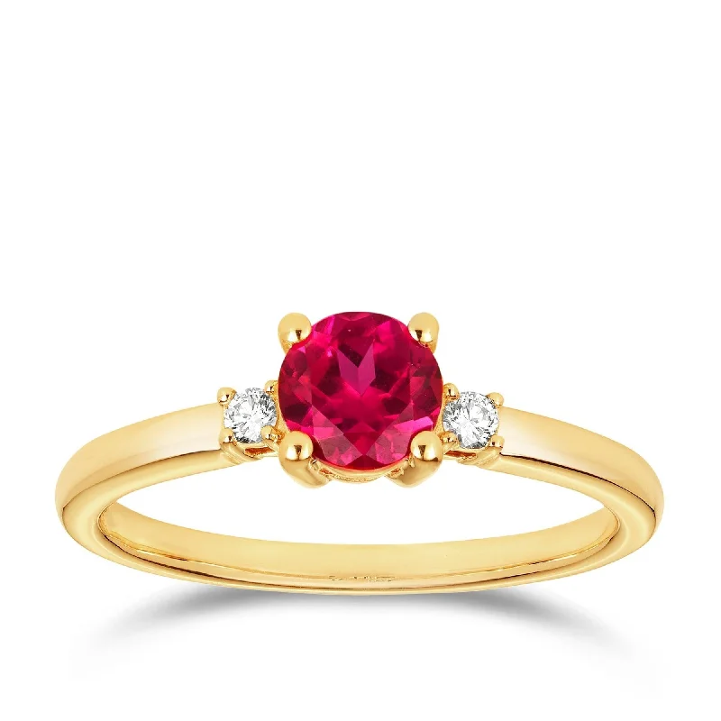 Created Ruby & Diamond Trilogy Ring in 9ct Yellow Gold