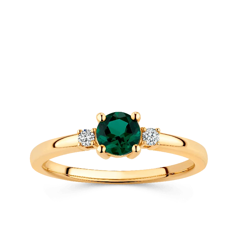 Created Emerald & Diamond Trilogy Ring in 9ct Yellow Gold