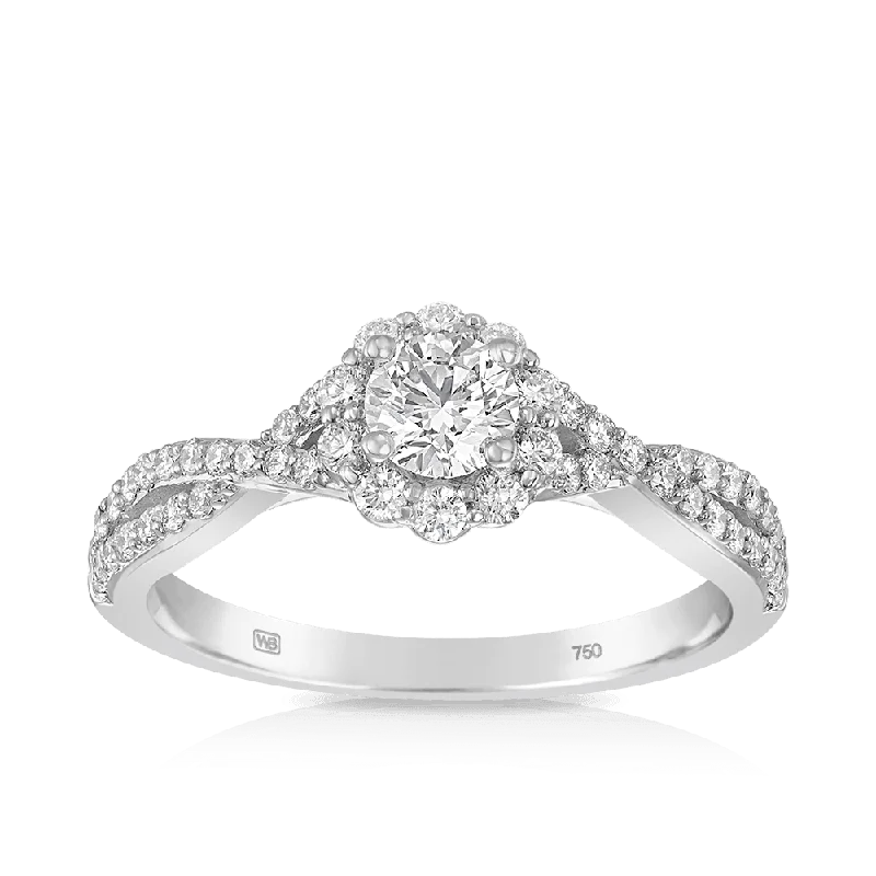 0.74ct TW Maple Leaf Diamonds™ Love Letters Round Brilliant Cut Diamond Halo Engagement Ring in 18ct White Gold