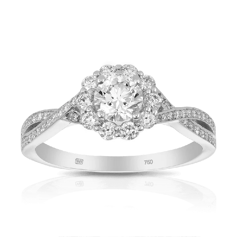 0.90ct TW Maple Leaf Diamonds™ Love Letters Round Brilliant Cut Diamond Halo Engagement Ring in 18ct White Gold