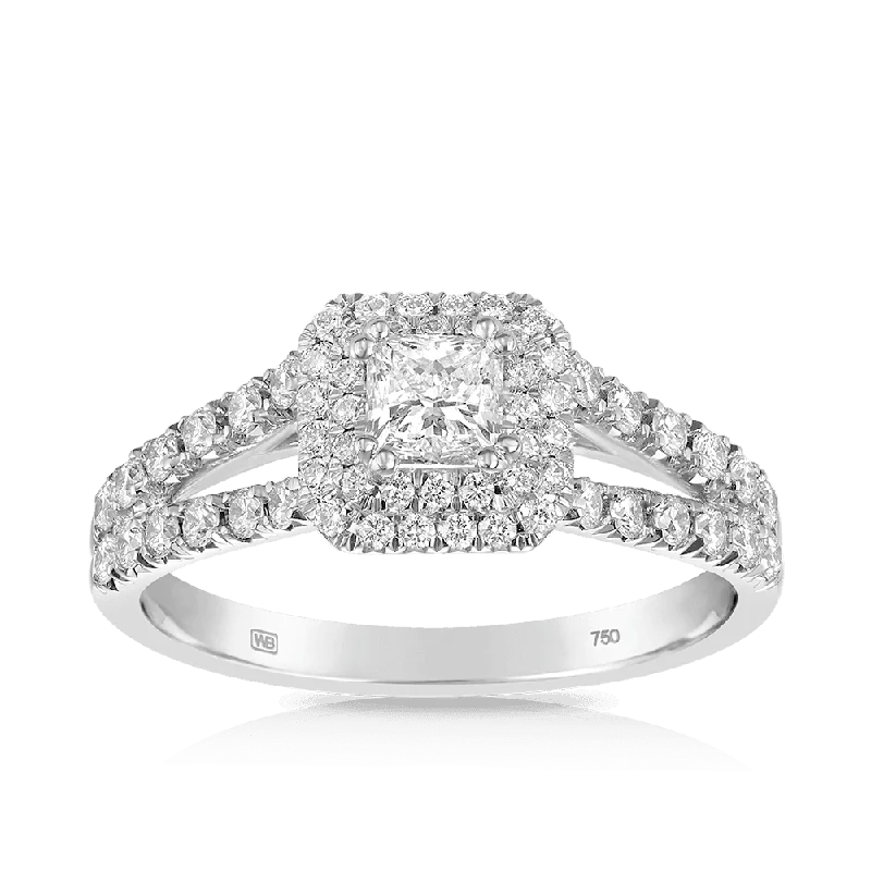 0.85ct TW Maple Leaf Diamonds™ Love Letters Princess Cut Diamond Halo Engagement Ring in 18ct White Gold