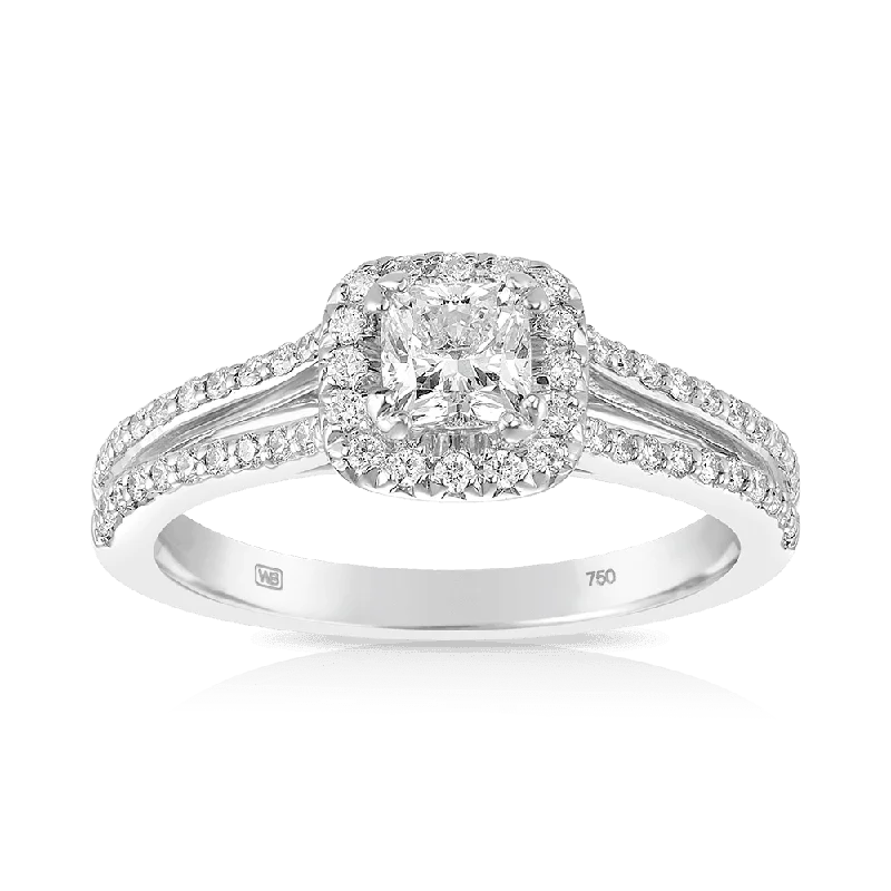 0.80ct TW Maple Leaf Diamonds™ Love Letters Cushion Cut Diamond Halo Engagement Ring in 18ct White Gold