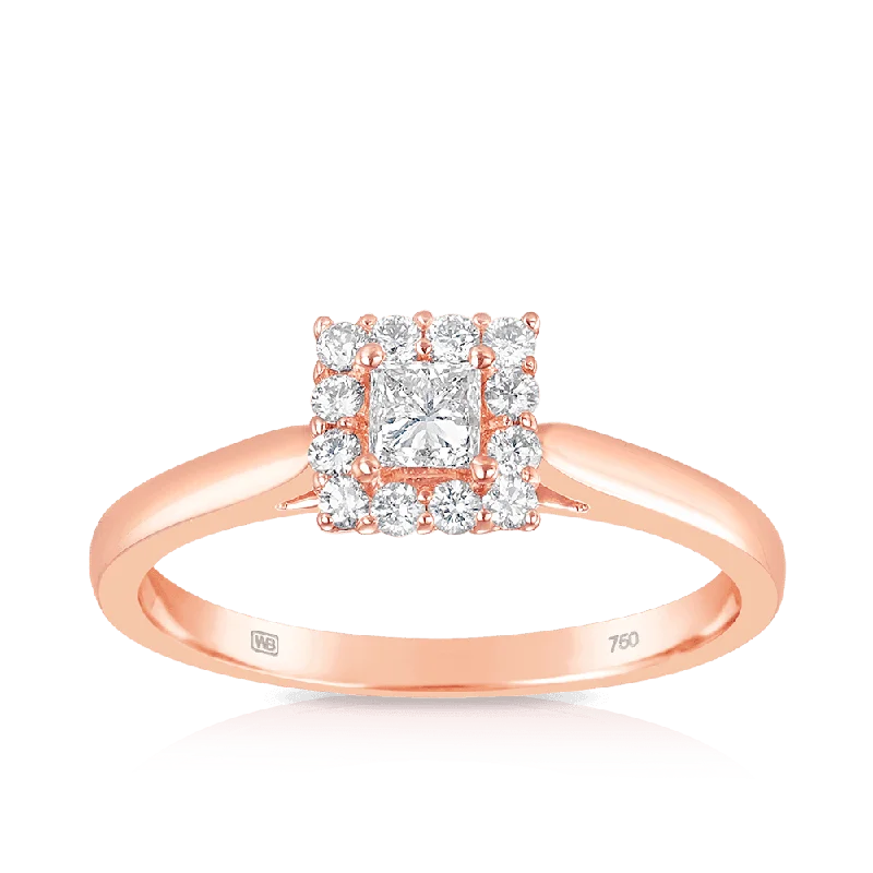 0.27ct TW Maple Leaf Diamonds™ Pink Passion Princess Cut Diamond Halo Engagement Ring 18ct Rose Gold